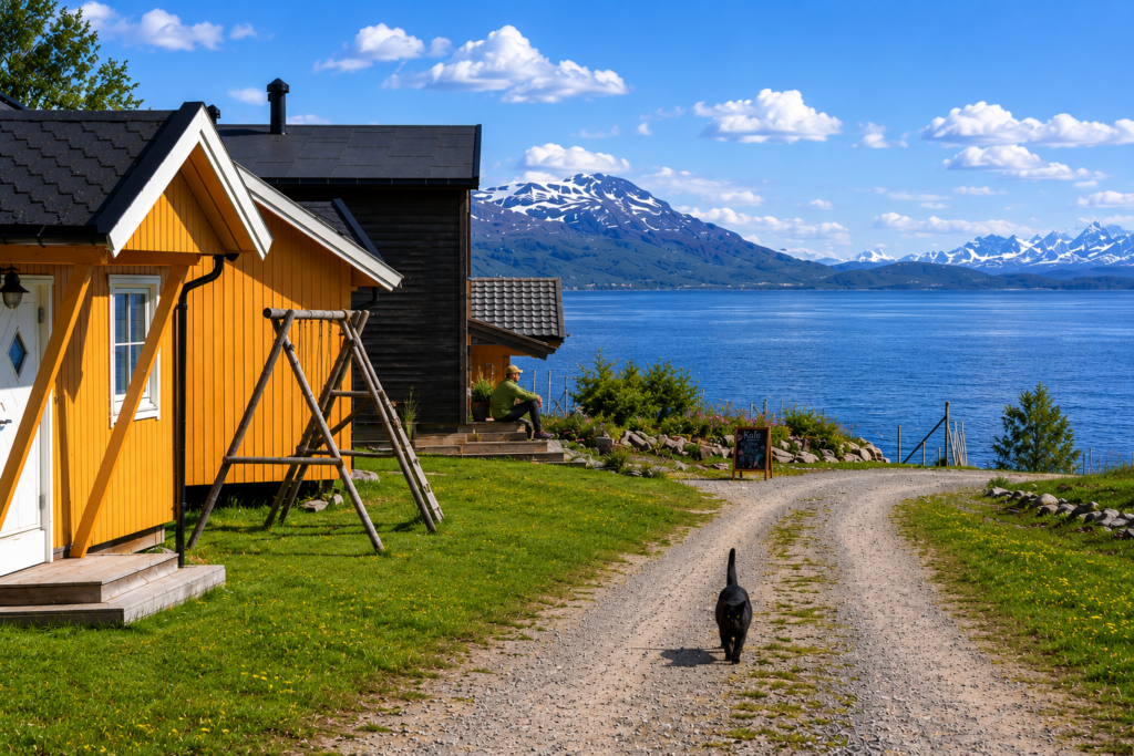 Black cat walking along a gravel path beside a yellow cabin overlooking a fjord, while a man relaxes on the steps and snow-capped mountains rise across the water under a sunny summer sky.