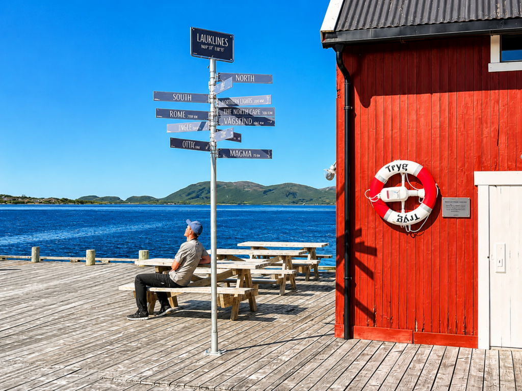 Guest relaxing by the fjord beside a traditional red building at Lauklines Kystferie near Tromsø, Northern Norway.